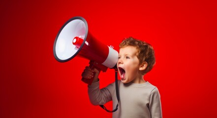 Loud Announcement Kid: Confident Child Speaking into a Megaphone on Red Background.