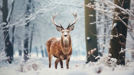 Majestic Winter Wonderland: Noble Male Deer in a Christmas Forest