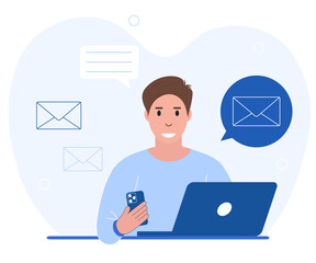 Mail marketing concept scene. A character with a laptop is sending messages. Online chating concept. Message send illustration.
