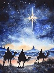 Watercolor illustration. Religious Christmas. Three kings and sorcerers ride camels through the desert after the star of Bethlehem. Postcard, invitation for Christmas, for church, for holiday