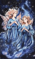Watercolor illustration. Religious Christmas. Two beautiful angels with wings sing in the starry sky, in space. Postcard, for church, for worship