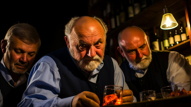 three drunk men, high retirement age, gray light hair, long gray white beard, shirt and old-fashioned clothes