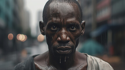 in the rain, an old man, 50s, marked by life, wrinkles, dark thick circles under the eyes, irritated tired eyes - obrazy, fototapety, plakaty