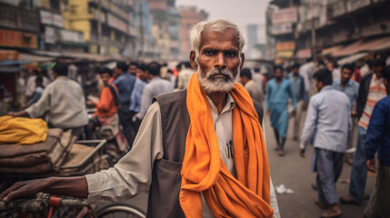 an old Indian man, 50s, marked by life, wrinkles and gray beard and gray hair, dark circles under the eyes - obrazy, fototapety, plakaty