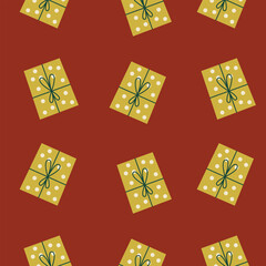 Seamless Christmas pattern. Yellow gift boxes on a red background. Bright, vector illustration. Ornament for wrapping paper, background, cards