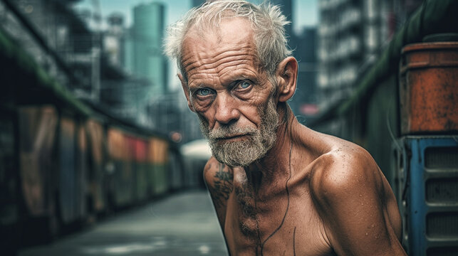 an old man, 50s, marked by life, wrinkles and gray beard, dark circles under the eyes, irritated tired eyes