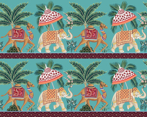 Indian elephant, camel and palms seamless pattern. Oriental wallpaper.  - 661614803