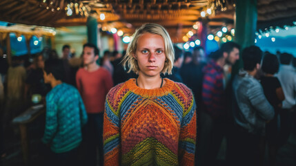 Obraz premium A young adult Caucasian woman with blonde hair, wearing striped rainbow colored knitted sweater