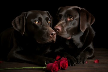 Two dogs snuggling with a rose on Valentine's Day. Generative AI