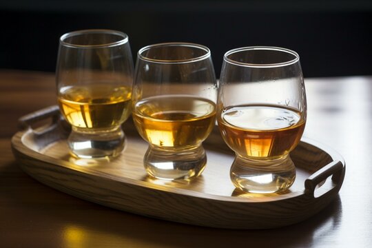 three glasses of liquor on a serving platter. Generative AI