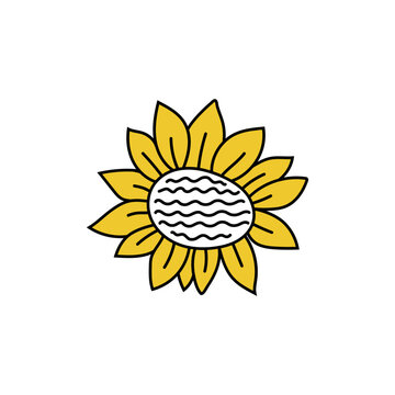 Hand drawn colorful sunflower isolated on a white background. Doodle, simple outline illustration. It can be used for decoration of textile, paper and other surfaces. Logo element, icon