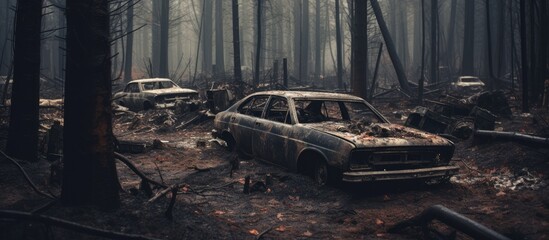Abandoned forest graveyard for cars - Powered by Adobe