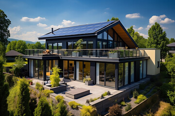 Solar panels on the house in the countryside green fee. AI generated