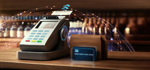 point of sale counter cashier, global wireless card payment technology as wide banner design - obrazy, fototapety, plakaty