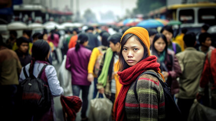 An adult Asian woman, 30s, outside in a busy pedestrian zone with many people in a hurry, annoyed