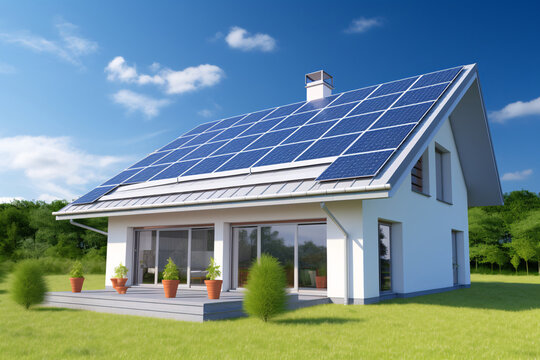 Solar panels on the house in the countryside green fee. AI generated