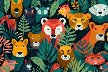 Fototapeta premium Illustration of jungle animals in a pattern with a flat design. Generative AI