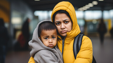 A mature adult woman with her son, a child, wearing yellow winter jacket and gray thick cotton jacket