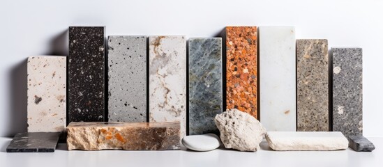 Different kitchen counter samples with granite marble and quartz stone With copyspace for text - obrazy, fototapety, plakaty