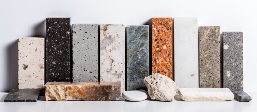 Different kitchen counter samples with granite marble and quartz stone With copyspace for text