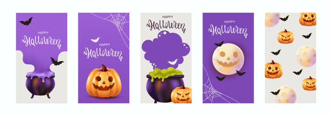3D vector illustration. Happy Halloween holiday banner. Spooky pumpkins, moon and witch's cauldron. Set of templates for stories, flyers, banners, brochures