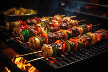 A chef grilling skewers of marinated vegetables over an open flame, creating a mouthwatering barbecue dish. Concept of grilled cuisine. Generative Ai.