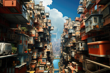 A surreal painting of a cityscape where gravity works differently, illustrating the imaginative possibilities of parallel universes. Concept of artistic interpretation. Generative Ai. - obrazy, fototapety, plakaty