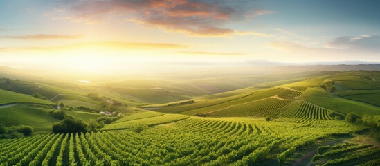 Stunning sunrise over scenic countryside vineyards With copyspace for text - obrazy, fototapety, plakaty
