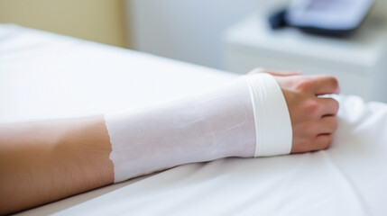 broken arm, hand in cast, bandage, white plaster, close-up, hospital, bones, clinic, emergency room, treatment, medical care, health, ward, physiotherapy, medicine, pain, ambulance