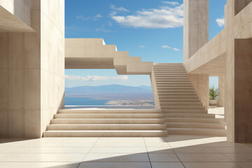 A staircase leading to nowhere, defying the laws of physics. Concept of architectural surrealism. Generative Ai.