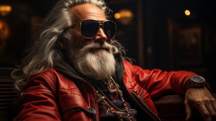 Santa's Playful Antics: Aged Santa Claus with Stylish Sunglasses and Comic Grimace on Bold Black Background
