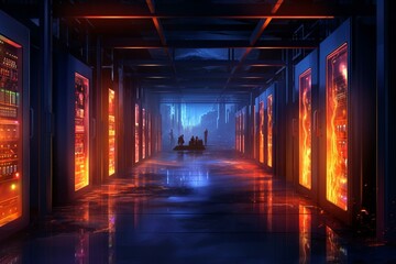 Illustration of data center room lit by neon lights. Generative AI