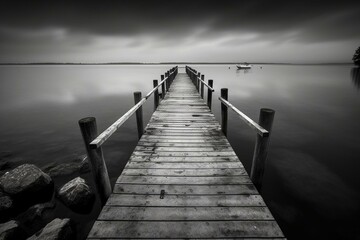 Fototapeta premium Contemporary black and white wall art featuring a lonely jetty. High-quality, abstract photography print suitable for living room or office decor. Generative AI