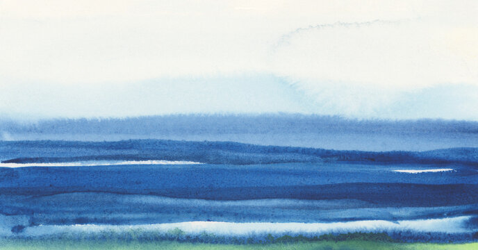 Ink watercolor hand drawn smoke flow stain blot on wet paper texture background. Blue pastel colors landscape.