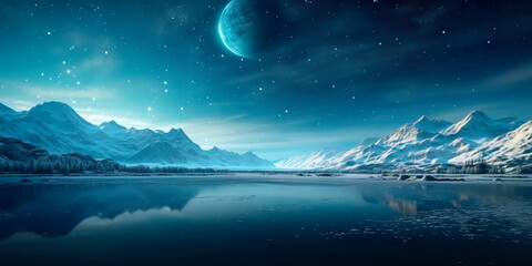 serene winter lake with ice skaters gliding gracefully under a starry night sky.