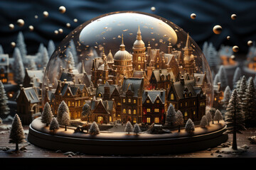 A snow globe featuring a miniature winter wonderland with a charming village and a festive Christmas market. Concept of holiday nostalgia. Generative Ai.