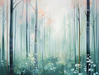 Mystical morning forest in dreamlike pastel patterns