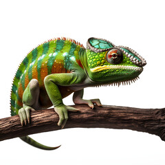 Fototapeta premium chameleon portrait on a branch, isolated white background Generative AI