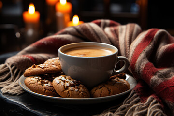 A cozy blanket draped over a chair with a steaming cup of hot cocoa and a plate of freshly baked cookies, representing holiday comfort. Generative Ai.