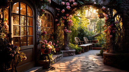 garden hidden behind an ivy-covered wall, with a wrought-iron gate, a variety of exotic flowers, and a magical, mystical ambiance. - obrazy, fototapety, plakaty