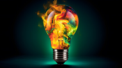 Creative light bulb explodes with colorful paint and splashes on dark green background. Creative idea, creativity, think differently and productivity concept