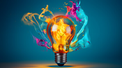 Creative light bulb explodes with colorful paint and splashes on blue background. Creative idea, creativity, think differently and productivity concept - obrazy, fototapety, plakaty