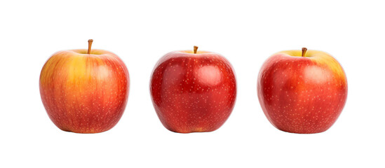Three ripe red apples arranged in a neat row