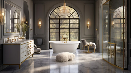 elegant bathroom has a glass-enclosed shower and a freestanding tub and a double vanity with gold fixtures - obrazy, fototapety, plakaty