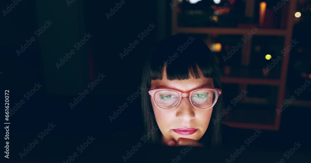 Poster Woman thinking, computer and confused at night for information technology, software or programming solution. Young worker or programmer reading online with doubt, risk or problem solving or analysis