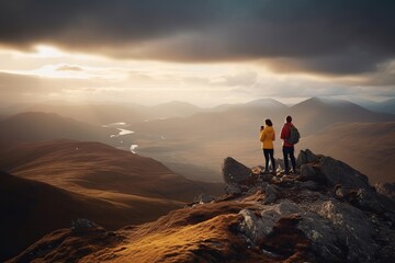 Two people stand on on mountain top and look at the landscape