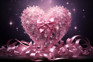 Shimmering heart with a pink ribbon, surrounded by endless silver hearts, symbolizing love and friendship. Generative AI