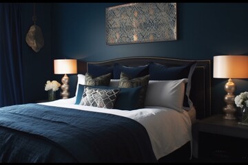 Background featuring a warm and inviting dark blue bedroom decor. Generative AI