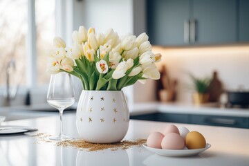 A beautifully minimalistic Easter table setting in a white Scandinavian style kitchen