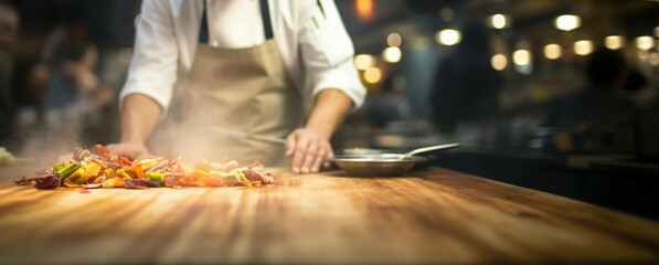 A chef cooking in the restaurant kitchen with a blurred background - obrazy, fototapety, plakaty